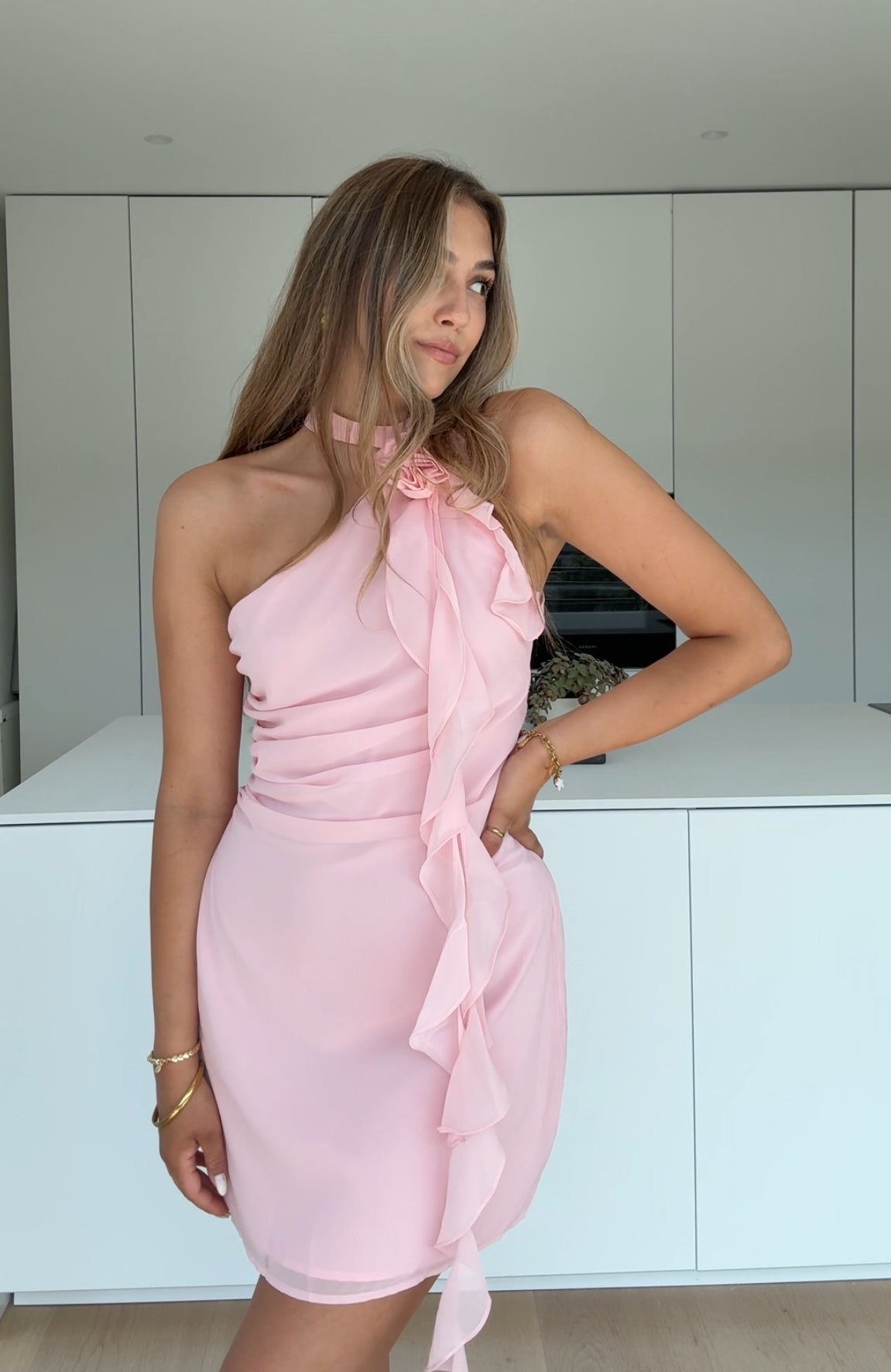 Brielle – Soft Pink Halterneck Mini Dress